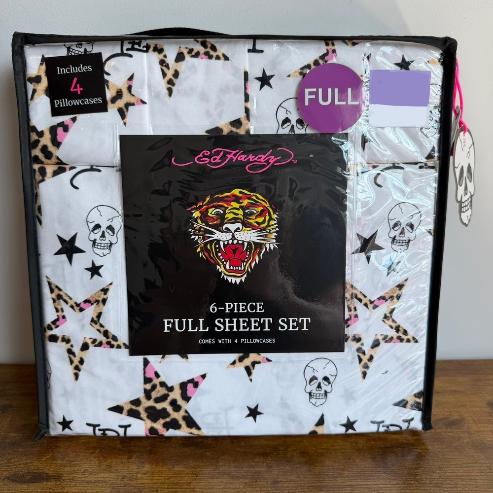 New Ed Hardy Full 6 Pc Double Brushed Sheet Set White Leopard Pink Stars Y2K